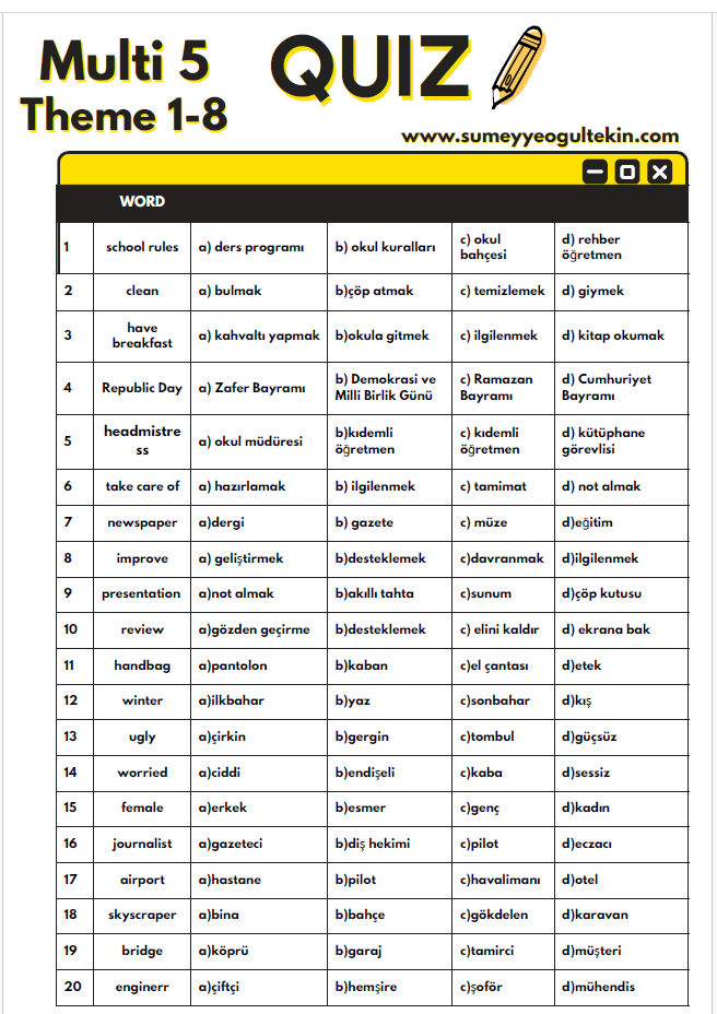 MULTI 5 - Theme 1-8  VOCABULARY QUIZ